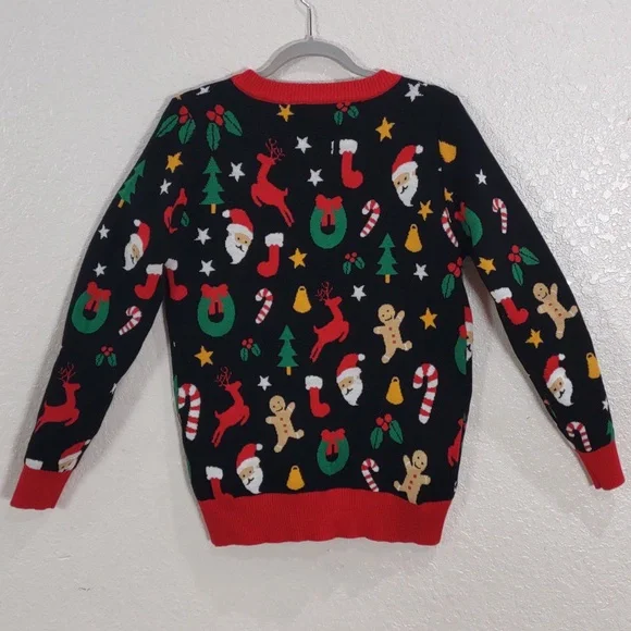 Tipsy Elves Black Cardigan with Red Trim and Festive Motifs - Picture 9 of 17